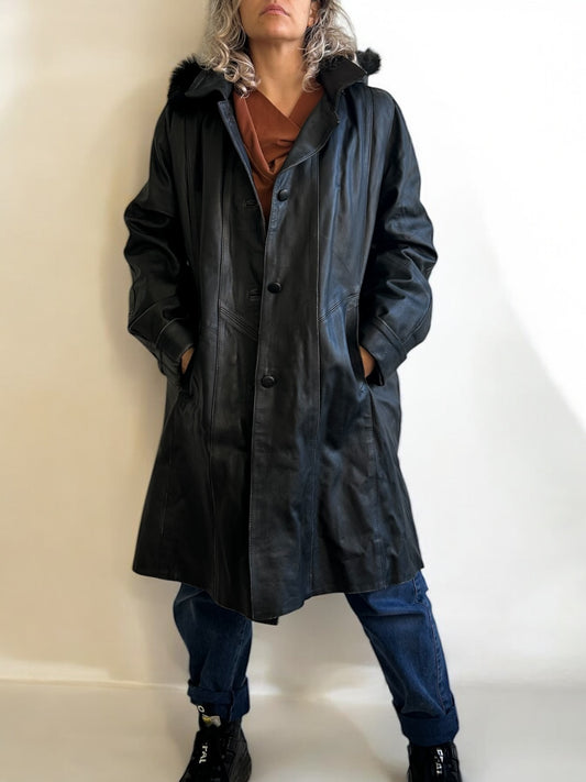 Vintage Leather Hooded Coat (Removable Hood and Warmer)