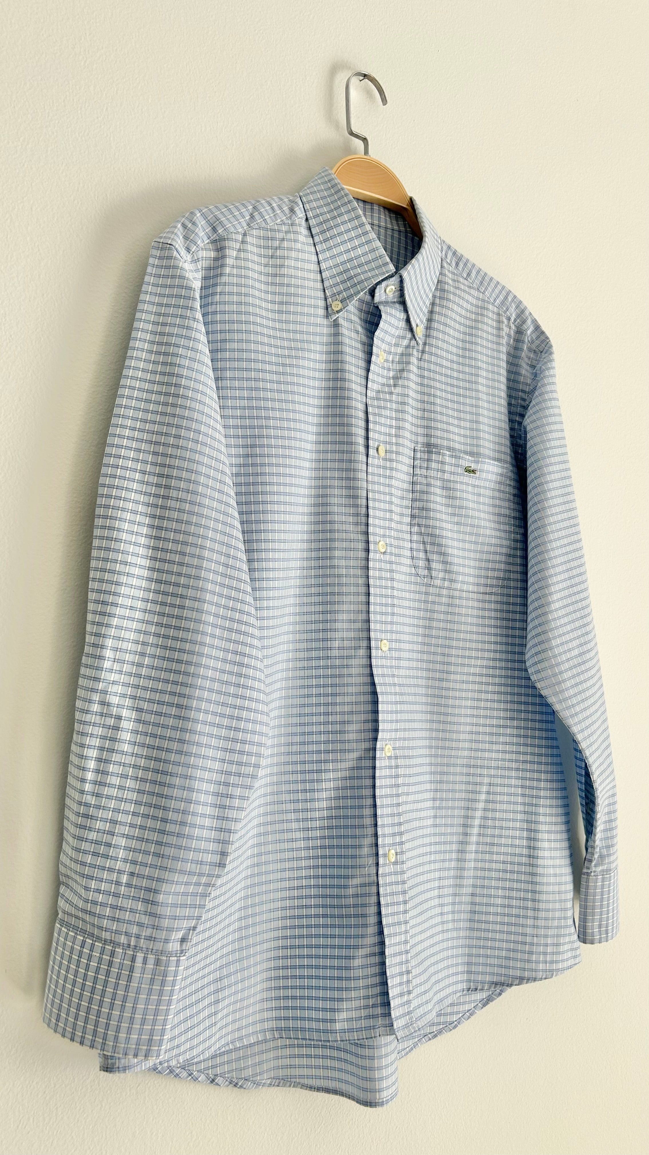 Vintage Lacoste Checked Shirt – Light Blue, 100% Cotton, Size 42