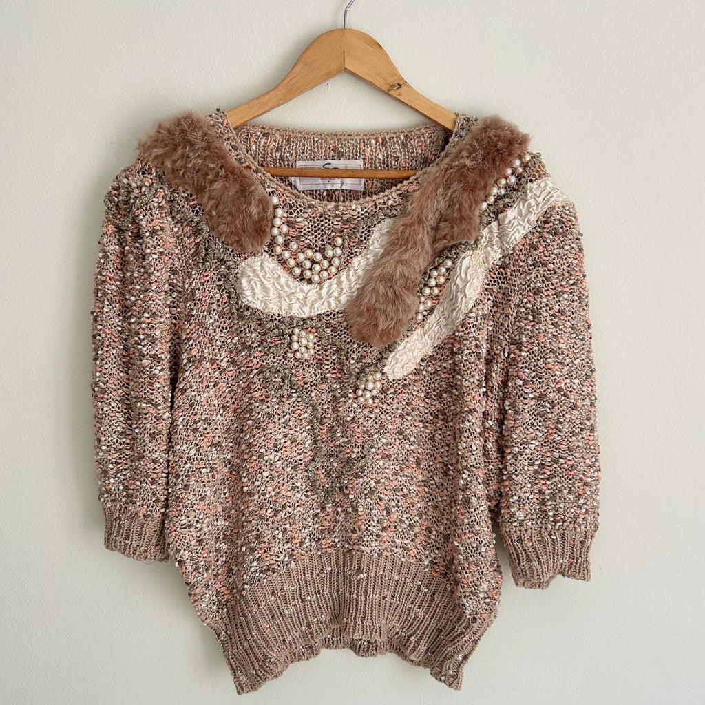 Handmade Pearl & Faux-Fur Details Sweater