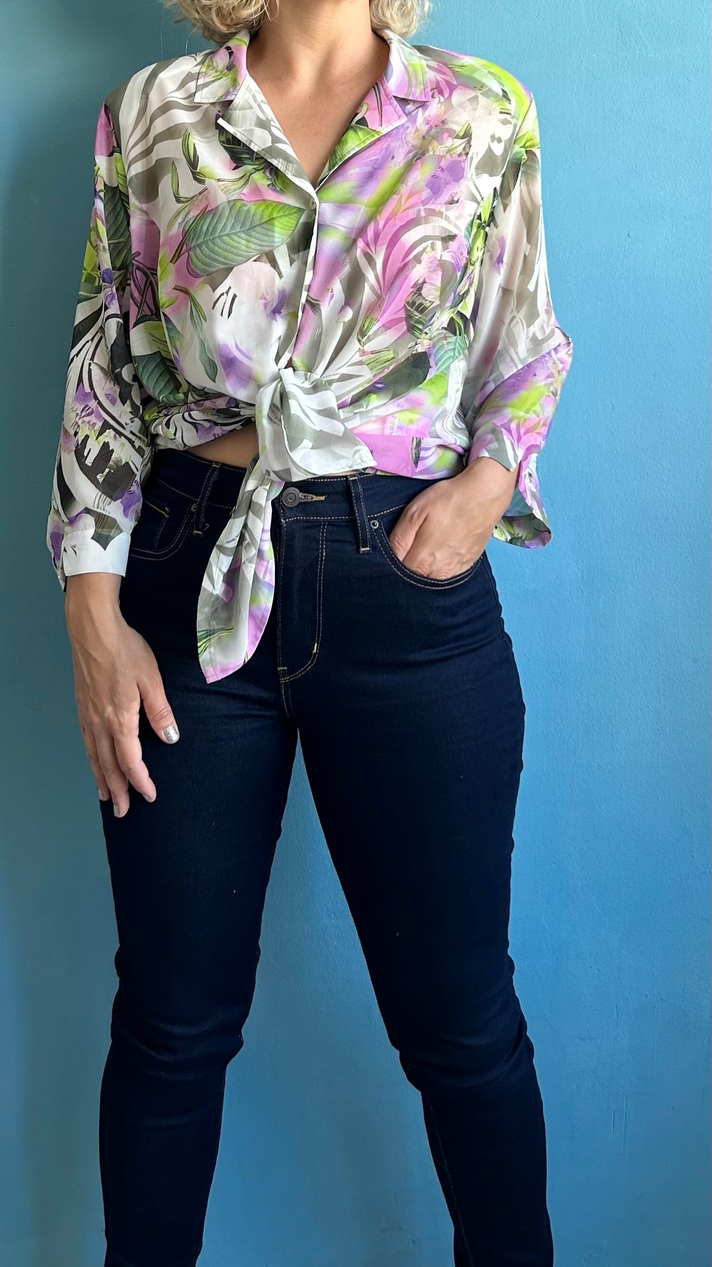 Vintage See Through Floral Blouse with Shoulder Pads