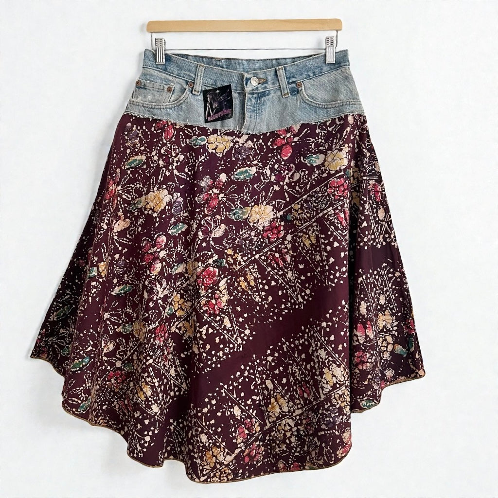 Vintage Y2K Denim & Batik Flare Skirt