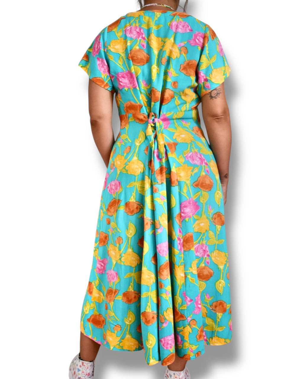 Vintage Midi Dress – Turquoise with Floral Print