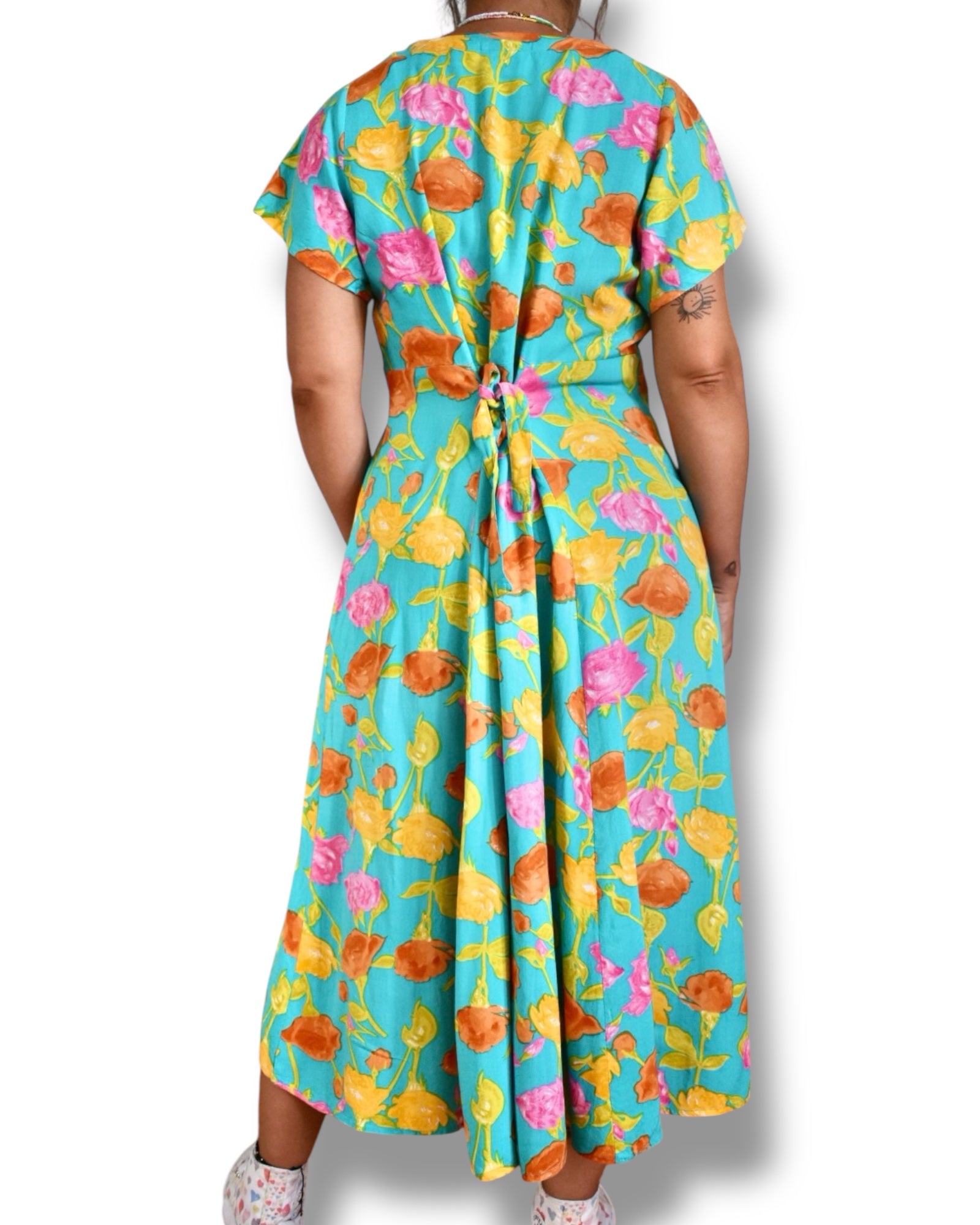 Vintage Midi Dress – Turquoise with Floral Print