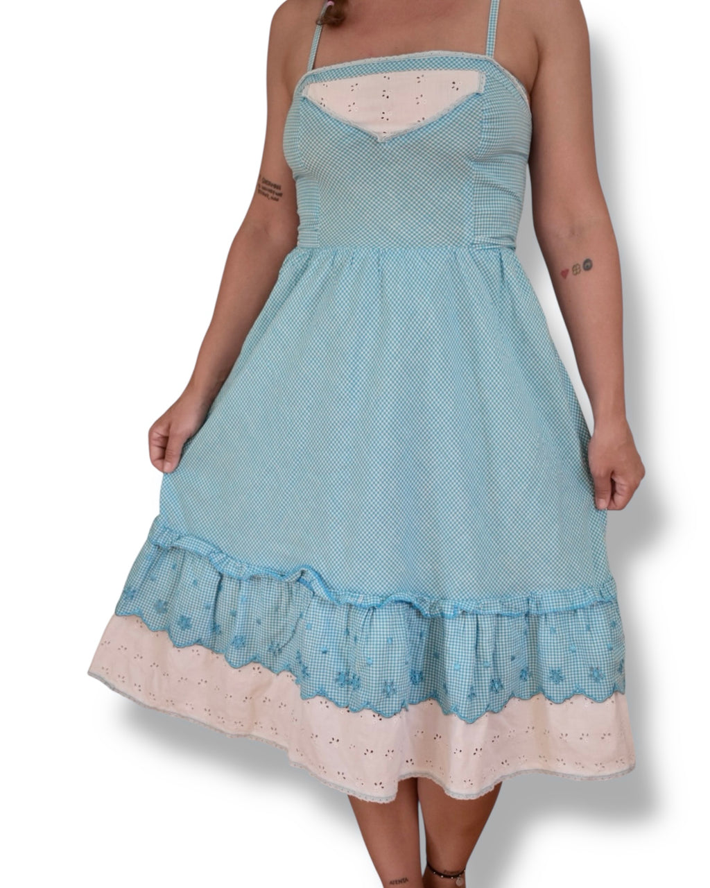 Vintage Blue Gingham Cotton Dress with Eyelet Trim