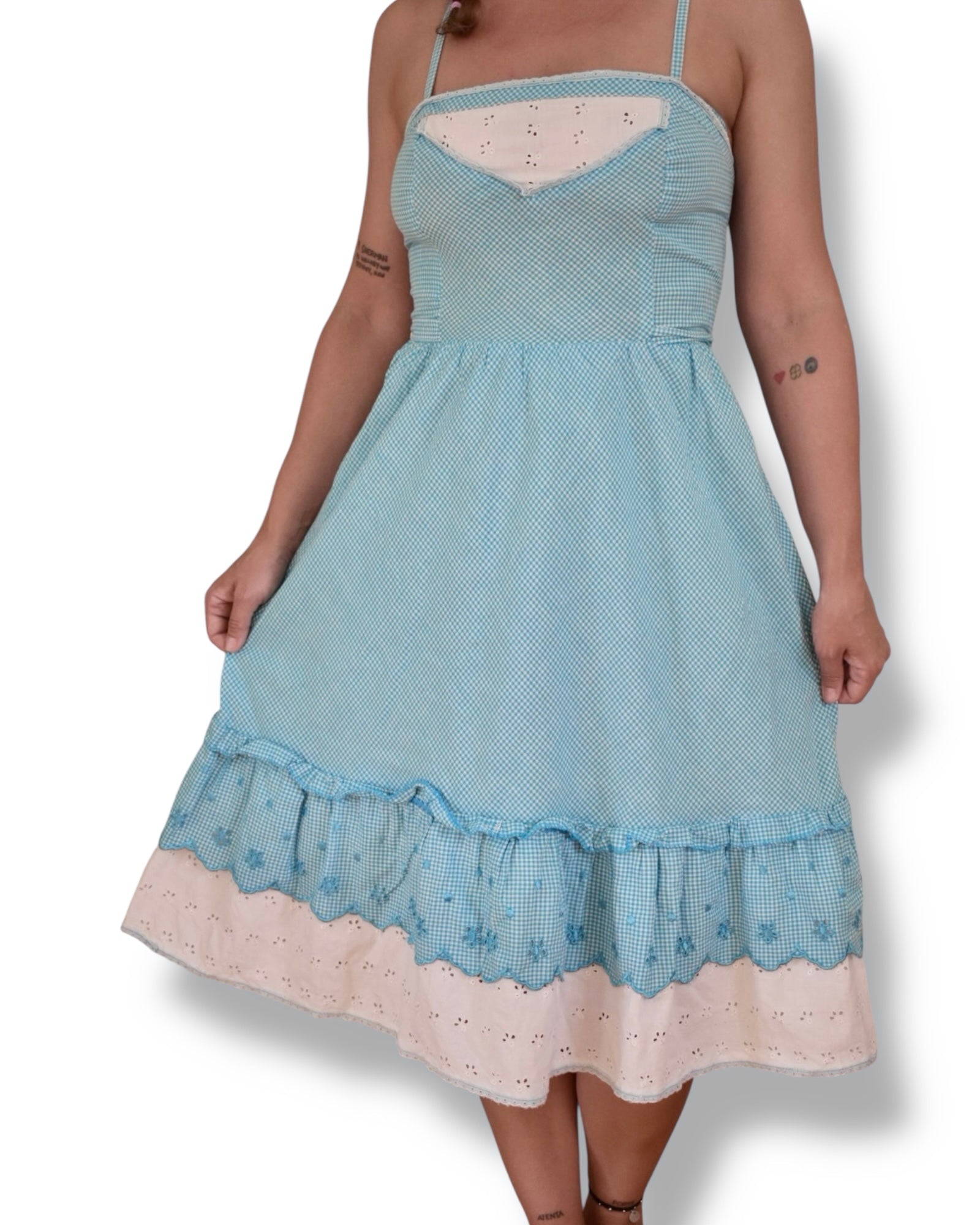 Vintage Blue Gingham Cotton Dress with Eyelet Trim
