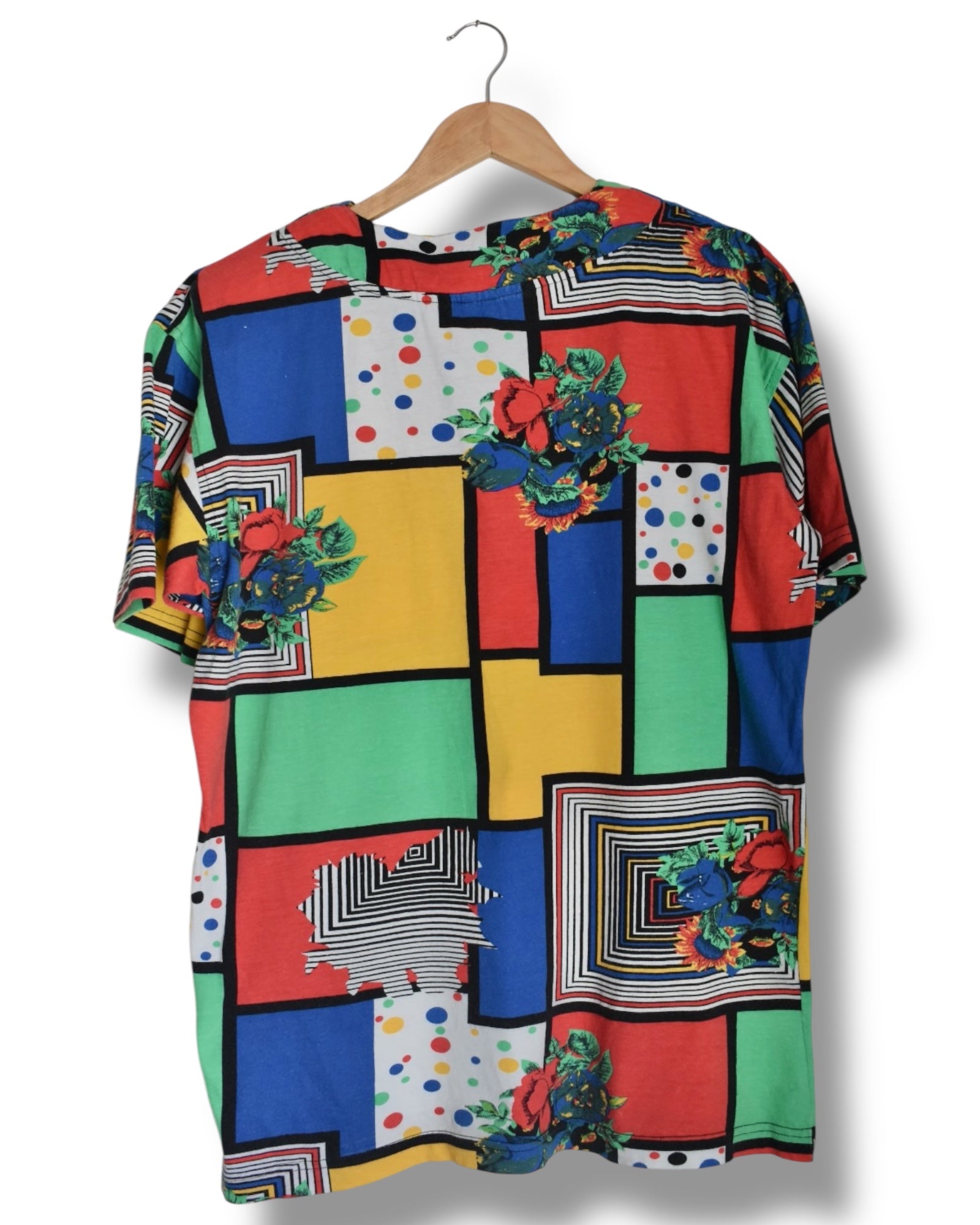 Vintage T-Shirt – Color Block & Pattern Mix with Shoulder Pads