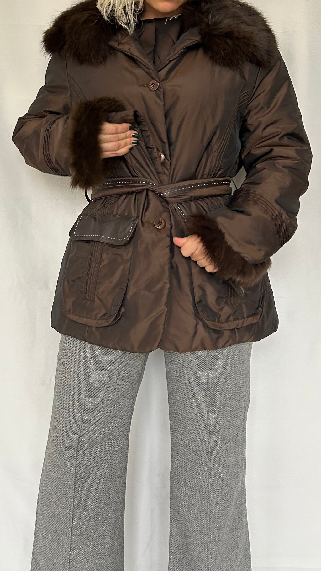 Vintage 2000s Brown Nylon Puffer Coat with Real Fox Fur Collar & Cuffs