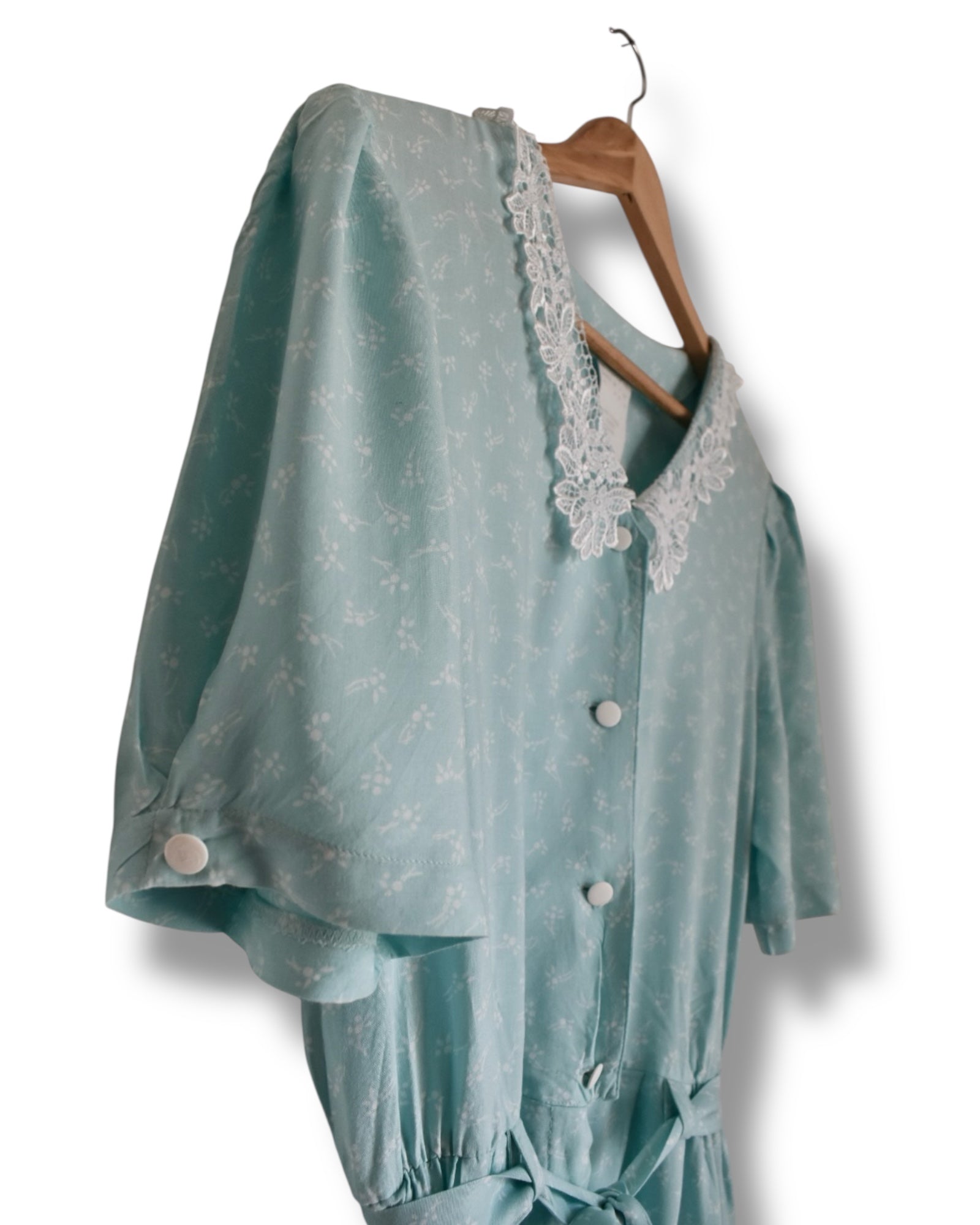 Vintage Aqua Green Viscose Jumpsuit with Lace Collar and Tiny White Floral Print