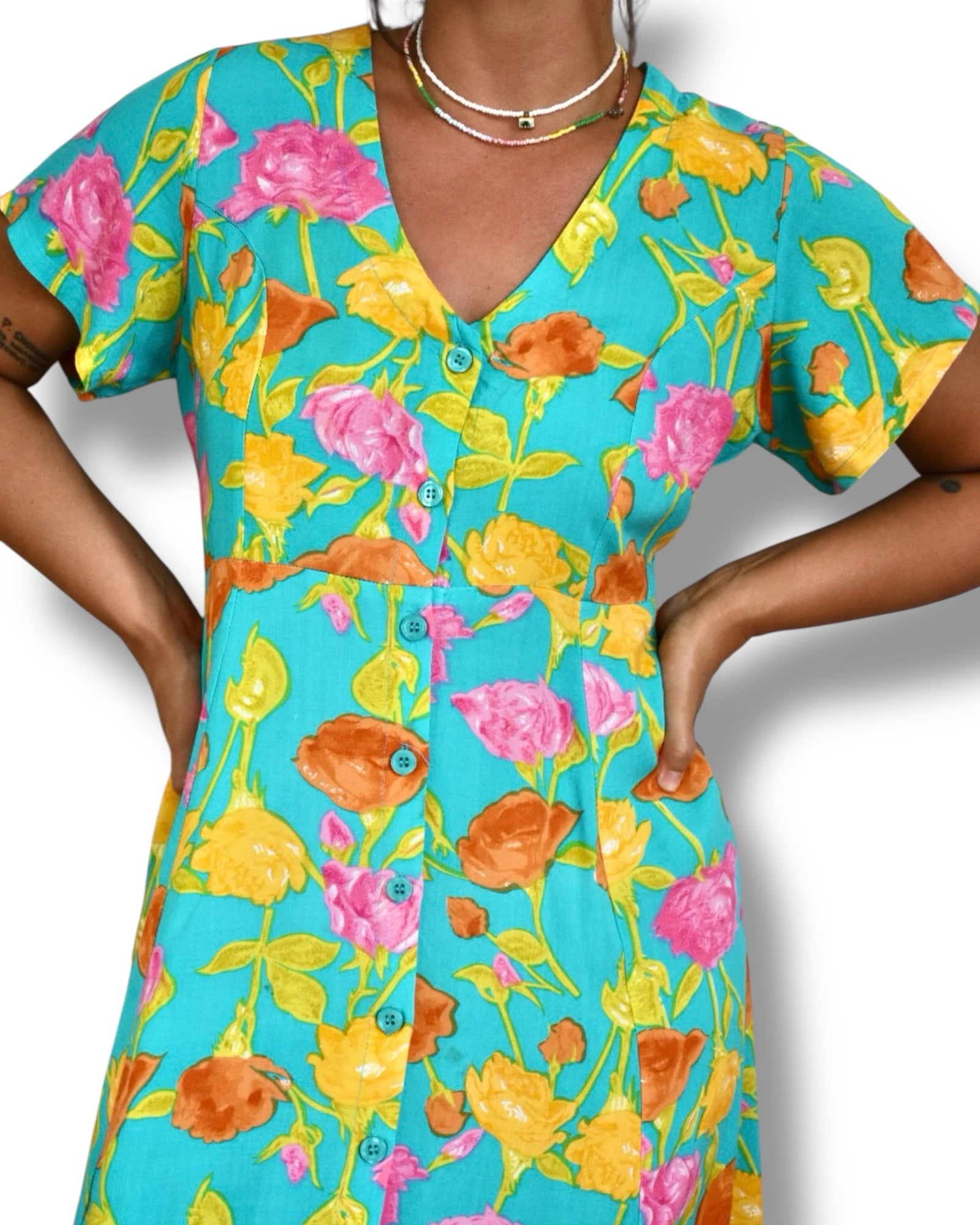 Vintage Midi Dress – Turquoise with Floral Print