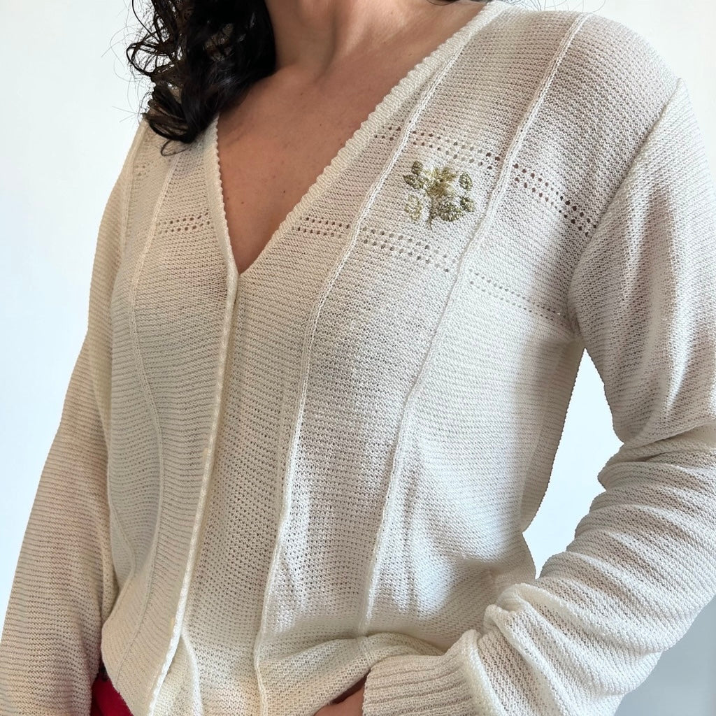 Vintage Italian Knit Cardigan • Delicate Floral Embroidery