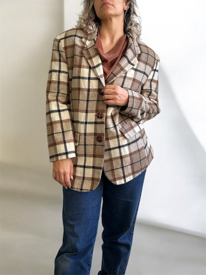 Vintage Plaid Wool Blazer with Shoulder Pads