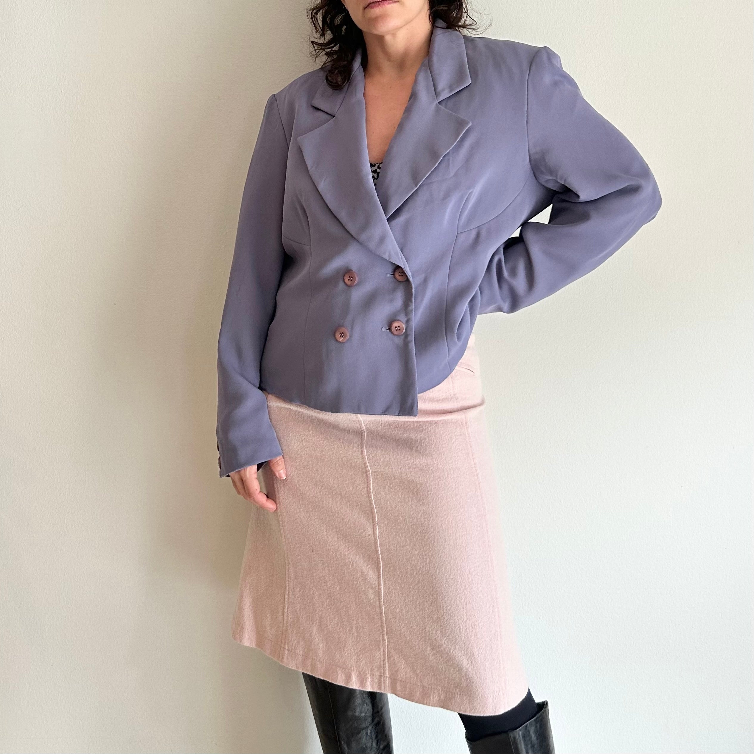 Vintage Cropped Double-Breasted Blazer in Greyish Lilac