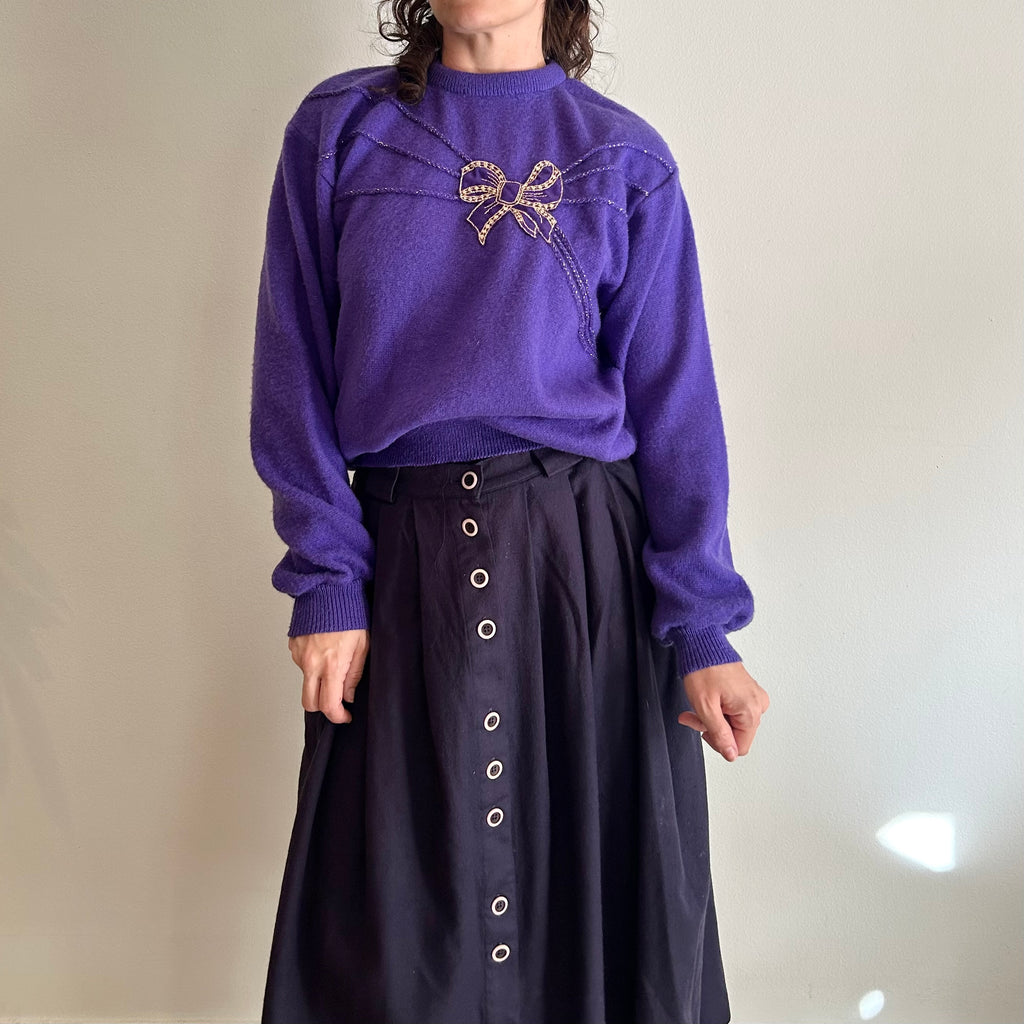 Vintage 80s Statement Knit – Royal Purple & Gold Bow Detail