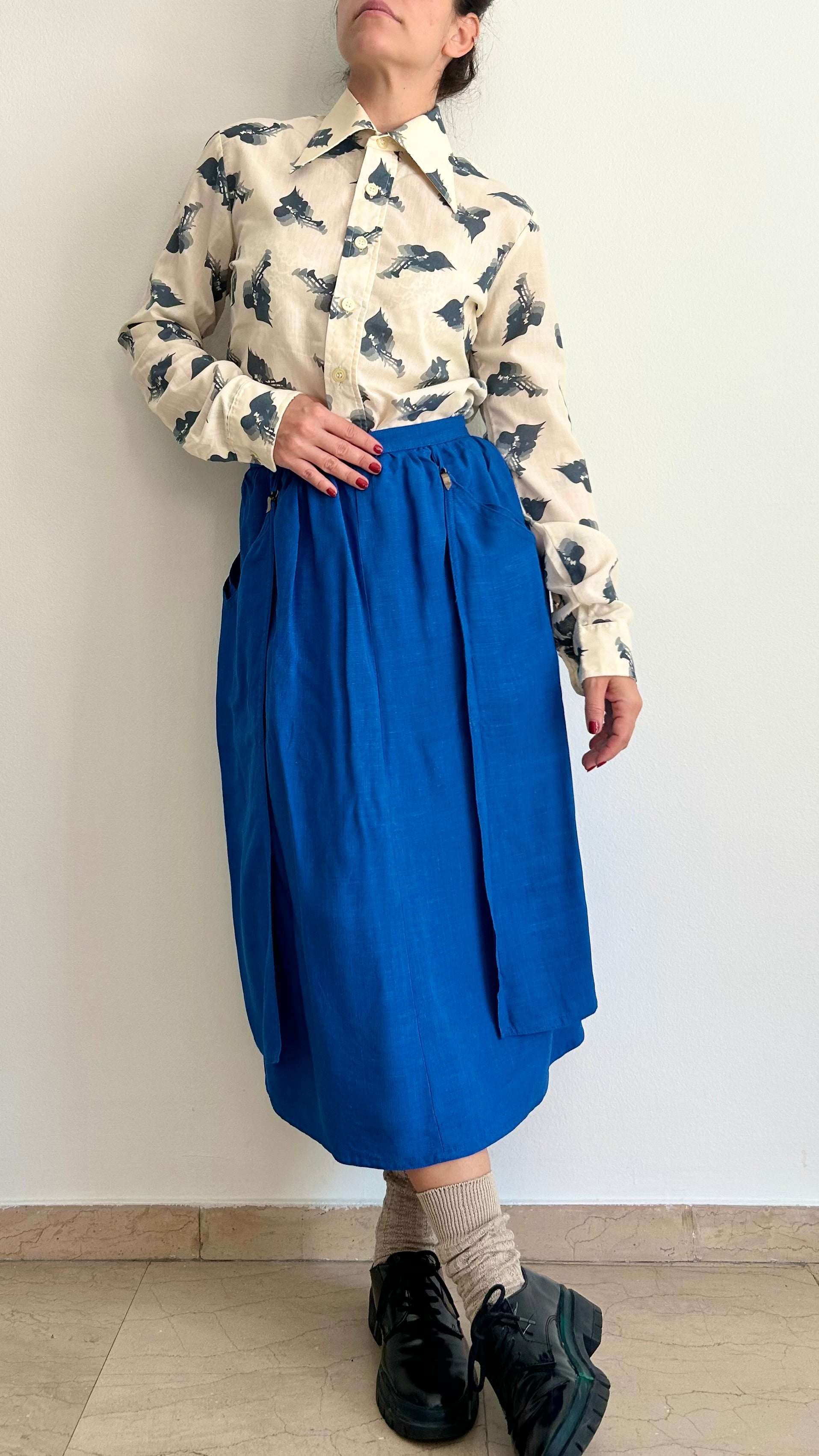 Vintage 1970s Royal Blue Linen Midi Skirt