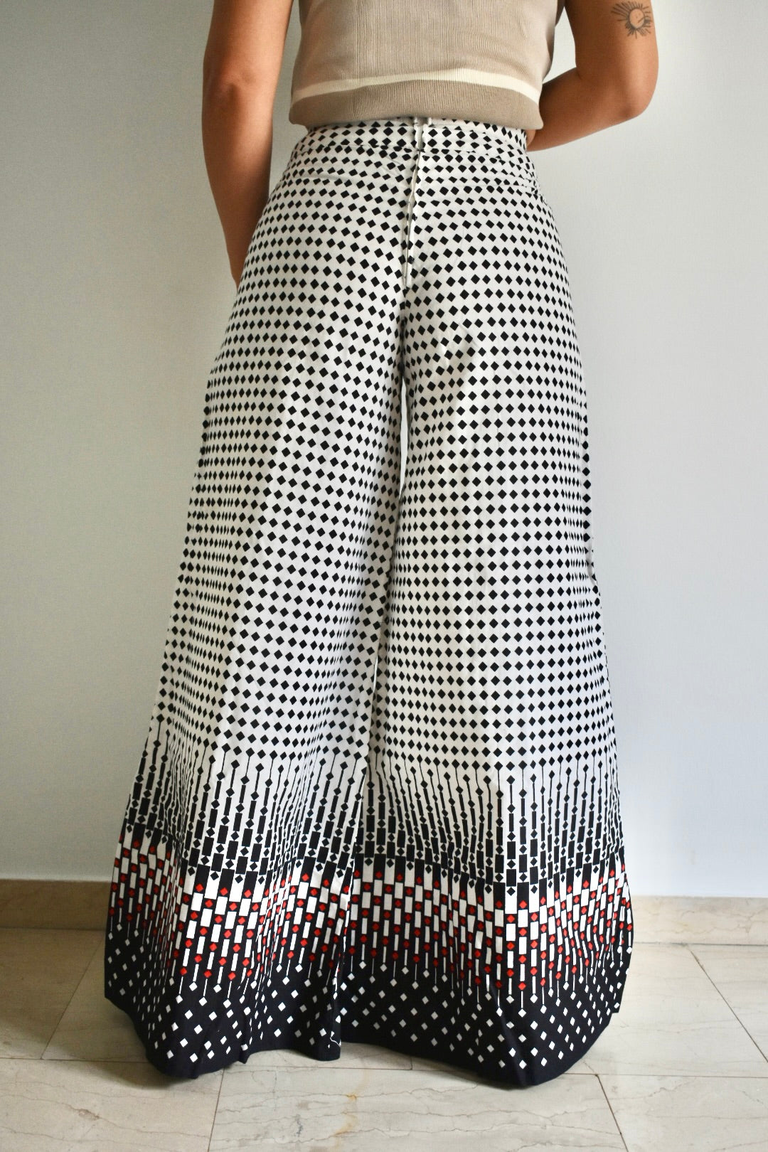Vintage Handmade 70s High-Waist Flared Pants with Geometric Print