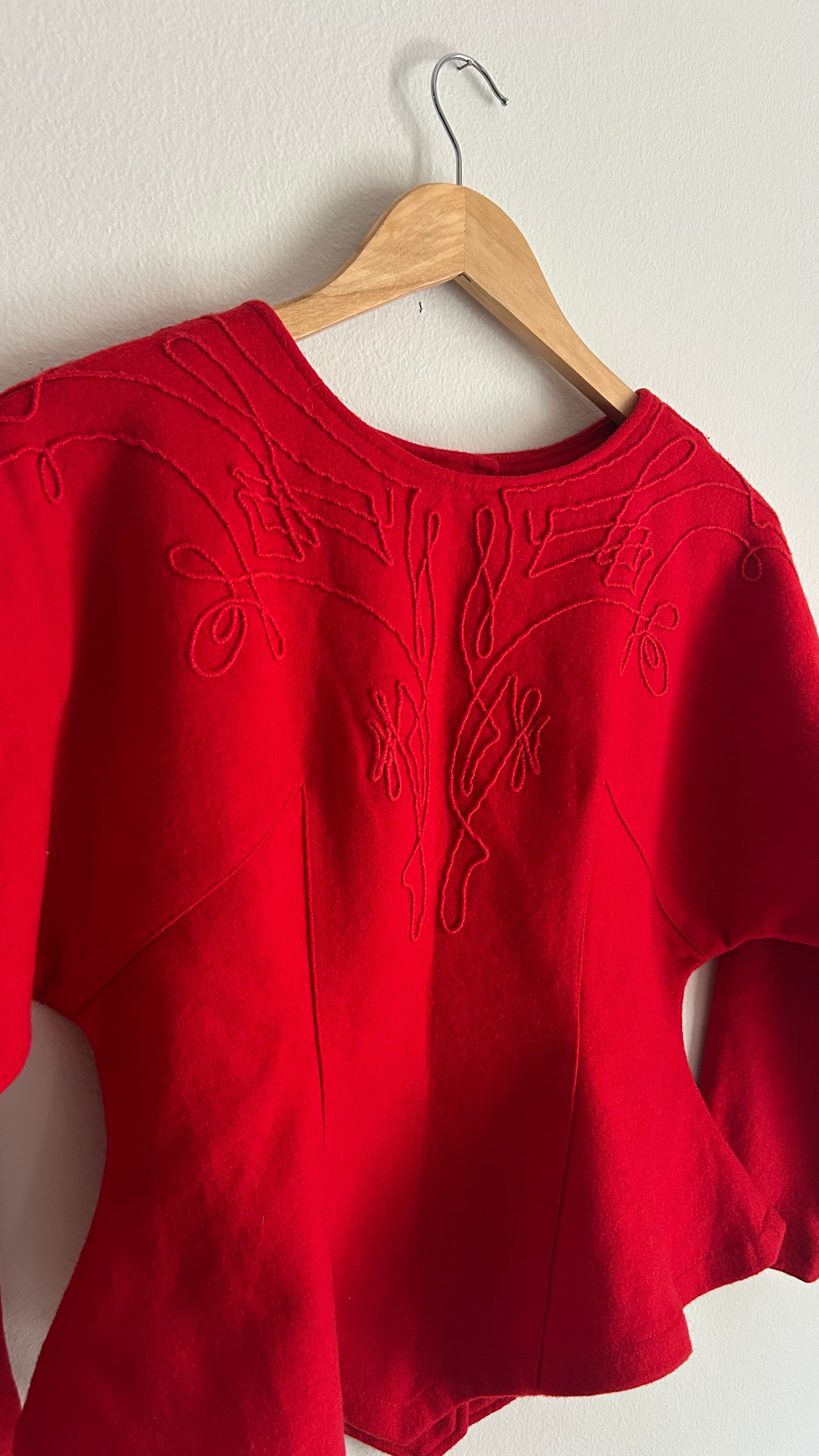 80s Sculptural Red Wool-Blend Blouse