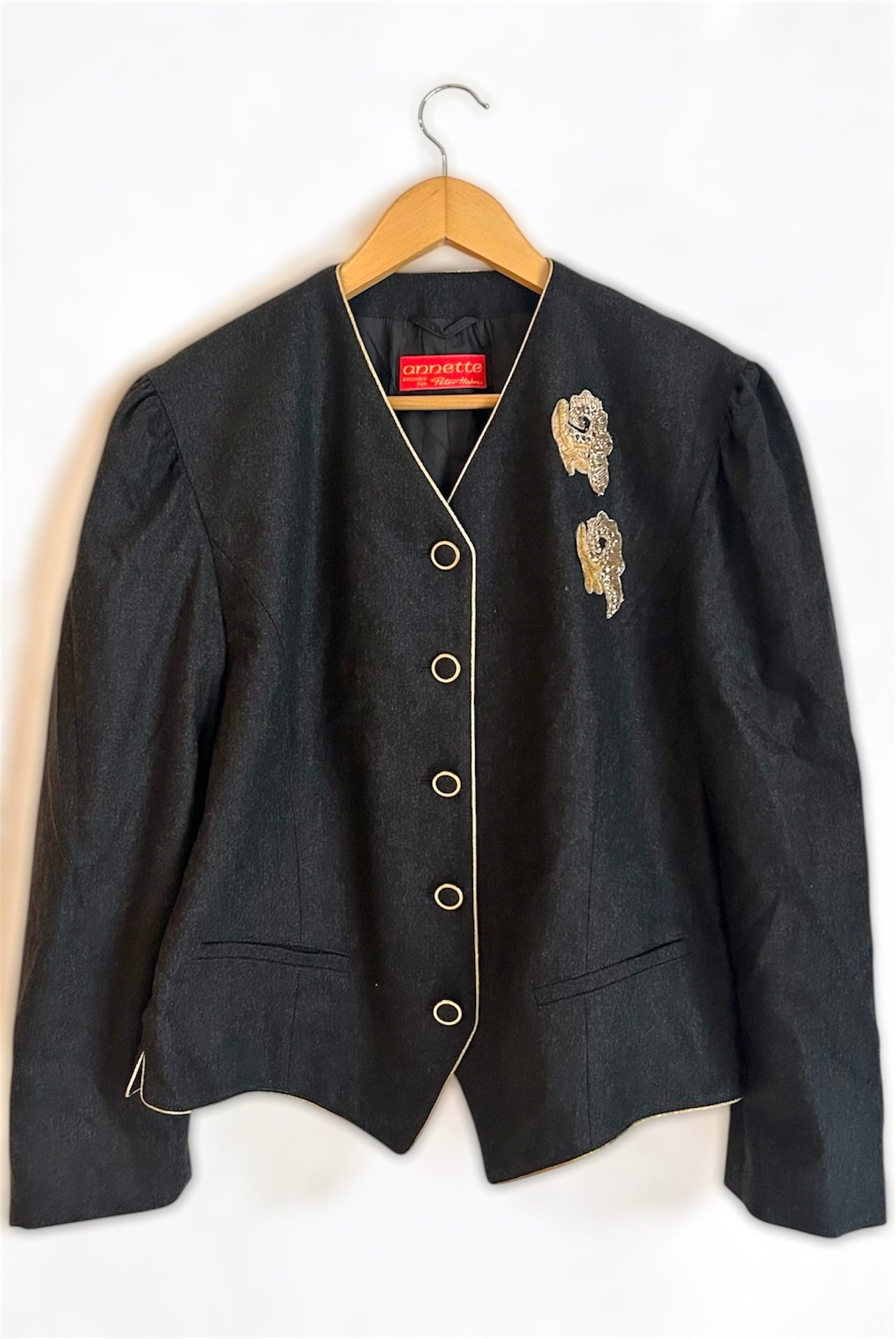 Vintage Dark Grey Blazer – Gold Trim & Beaded Detail