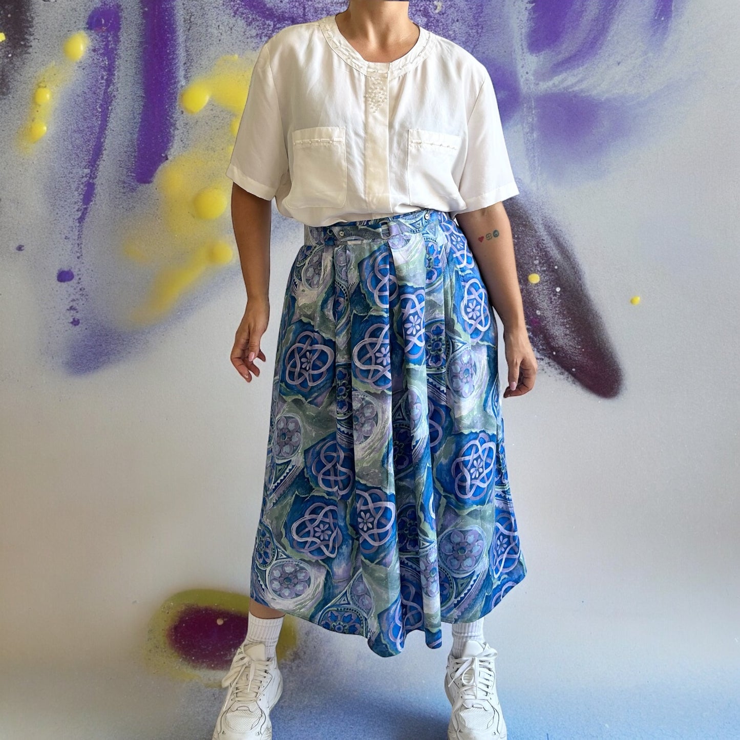 Vintage Patterned Pleated Skirt