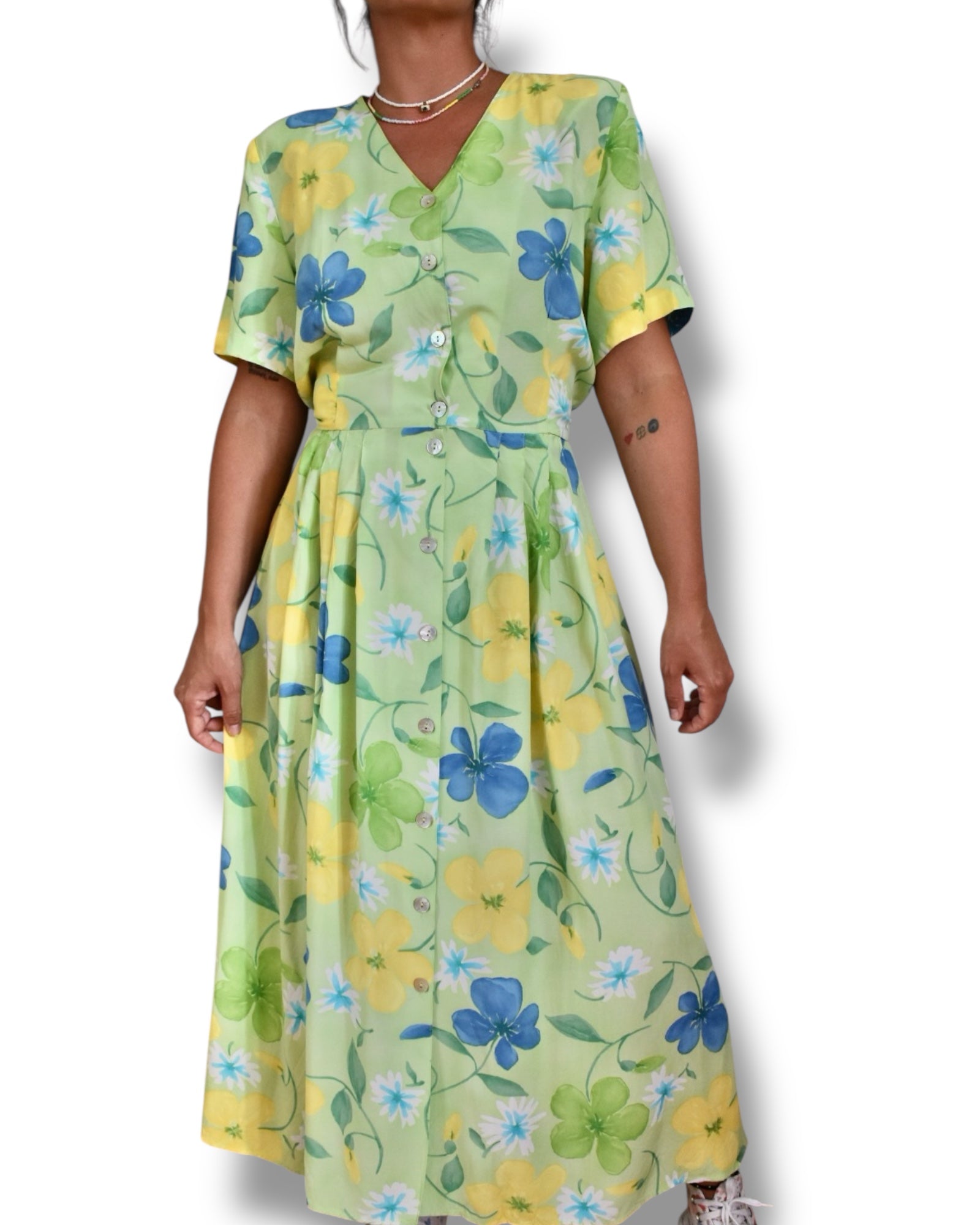 Vintage Pleated Long Dress – Light Green with Floral Print, Shoulder Pads