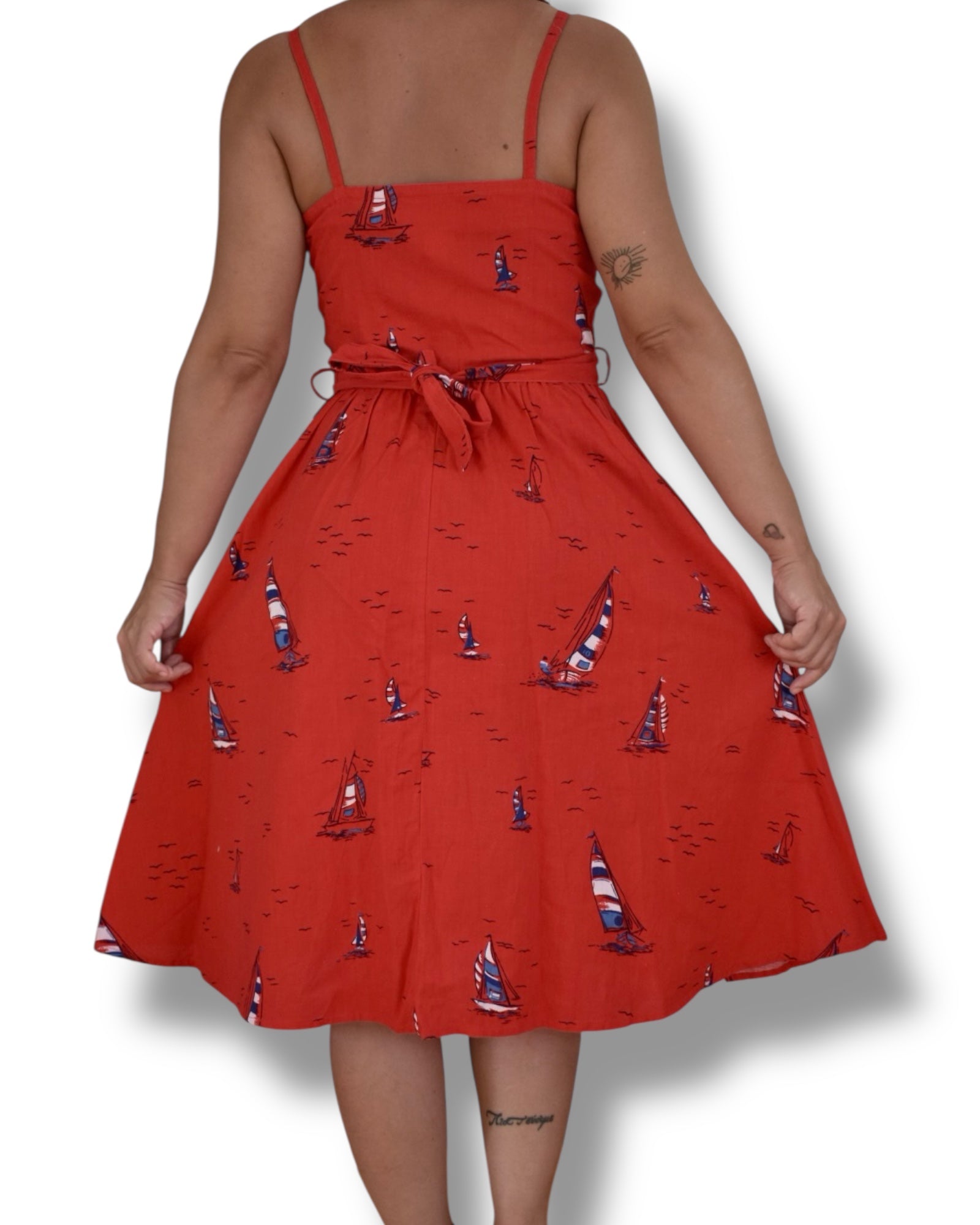 Vintage 80s Red Sailboat Print Midi Dress | Sweetheart Neckline