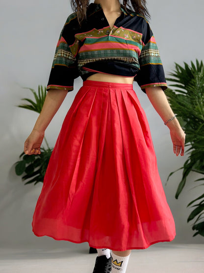 Vintage Pleated Flared Red Midi Skirt