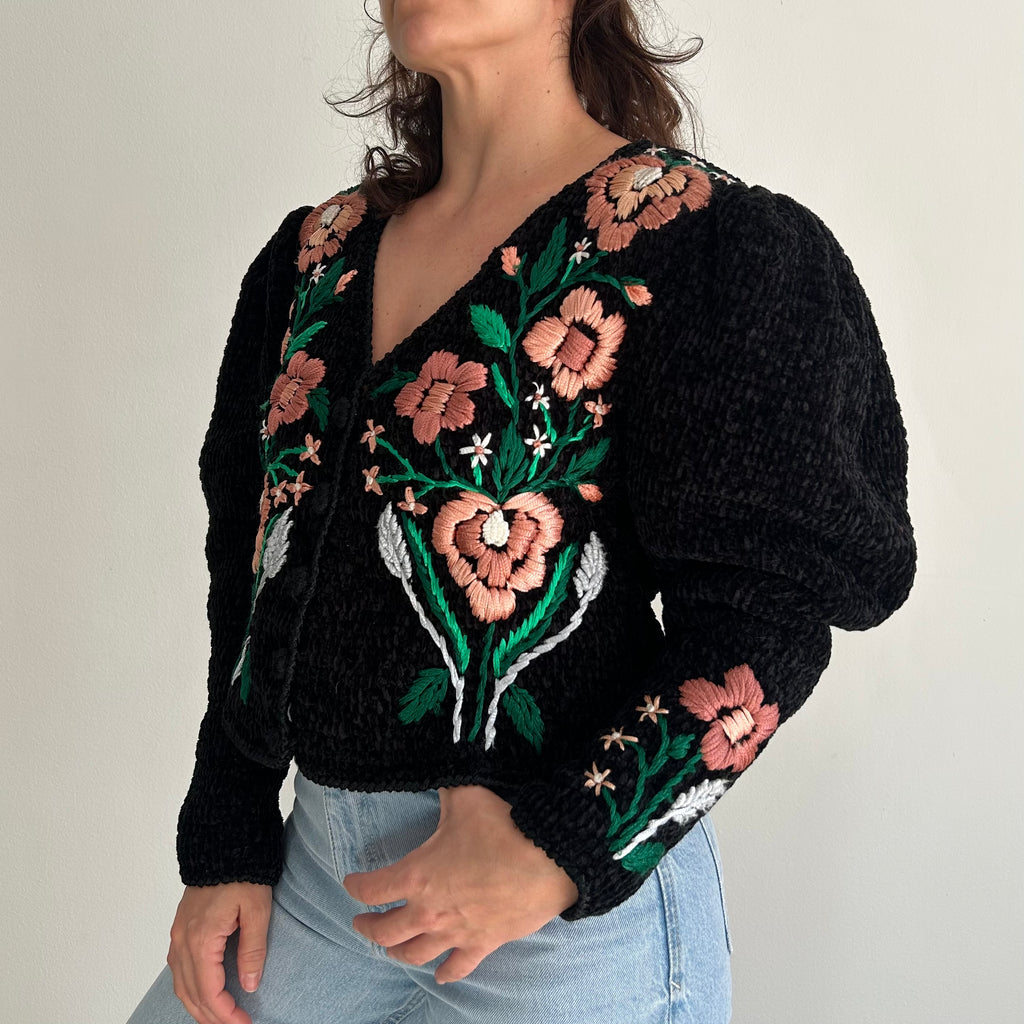 Handmade Black Chenille Floral Cardigan