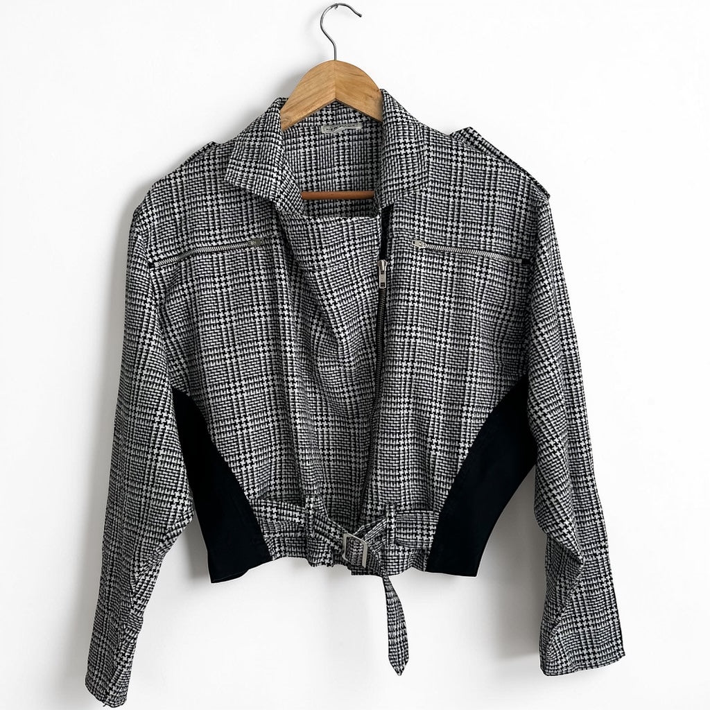 80s Houndstooth Plaid Moto Jacket • Padded Shoulders • Belted Waist