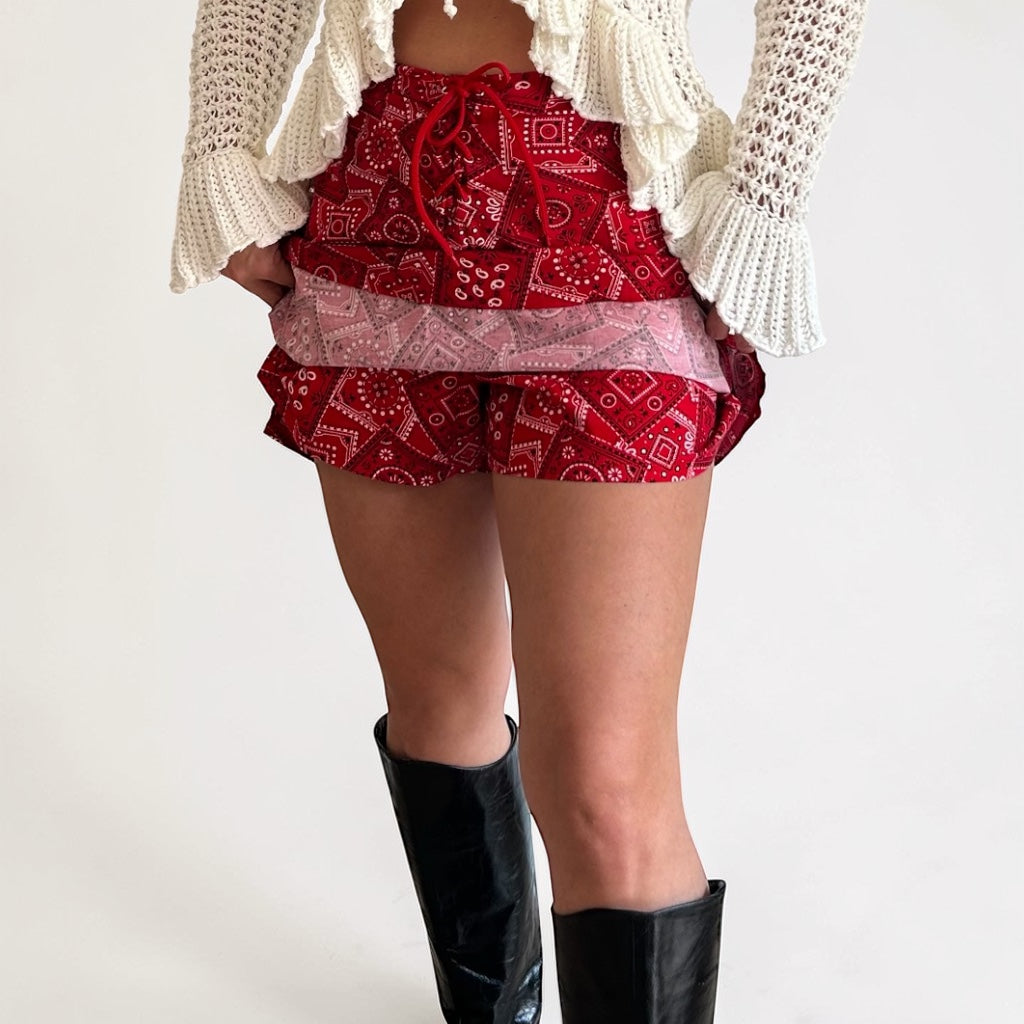 90s Red Bandana Lace-Up Skort