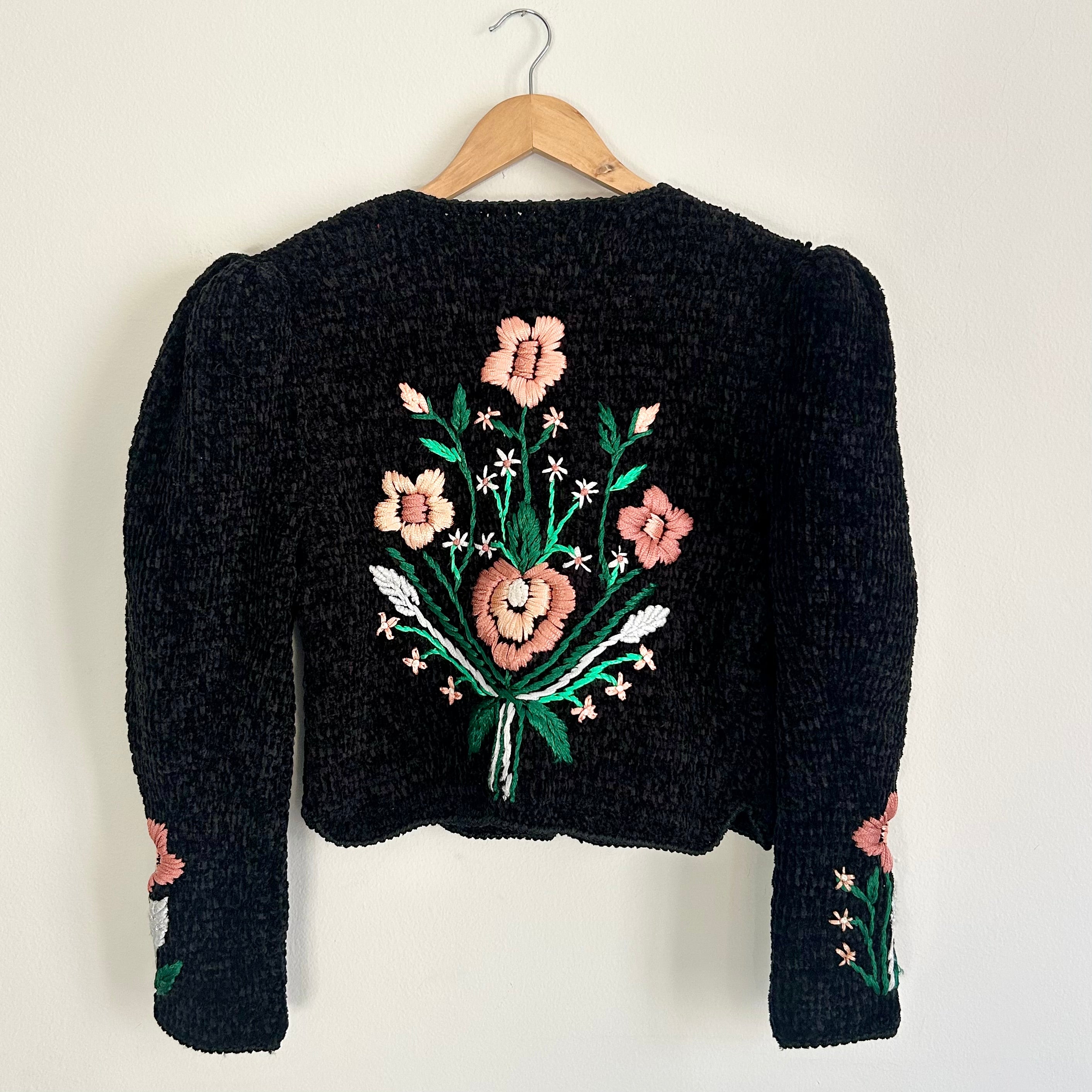 Handmade Black Chenille Floral Cardigan