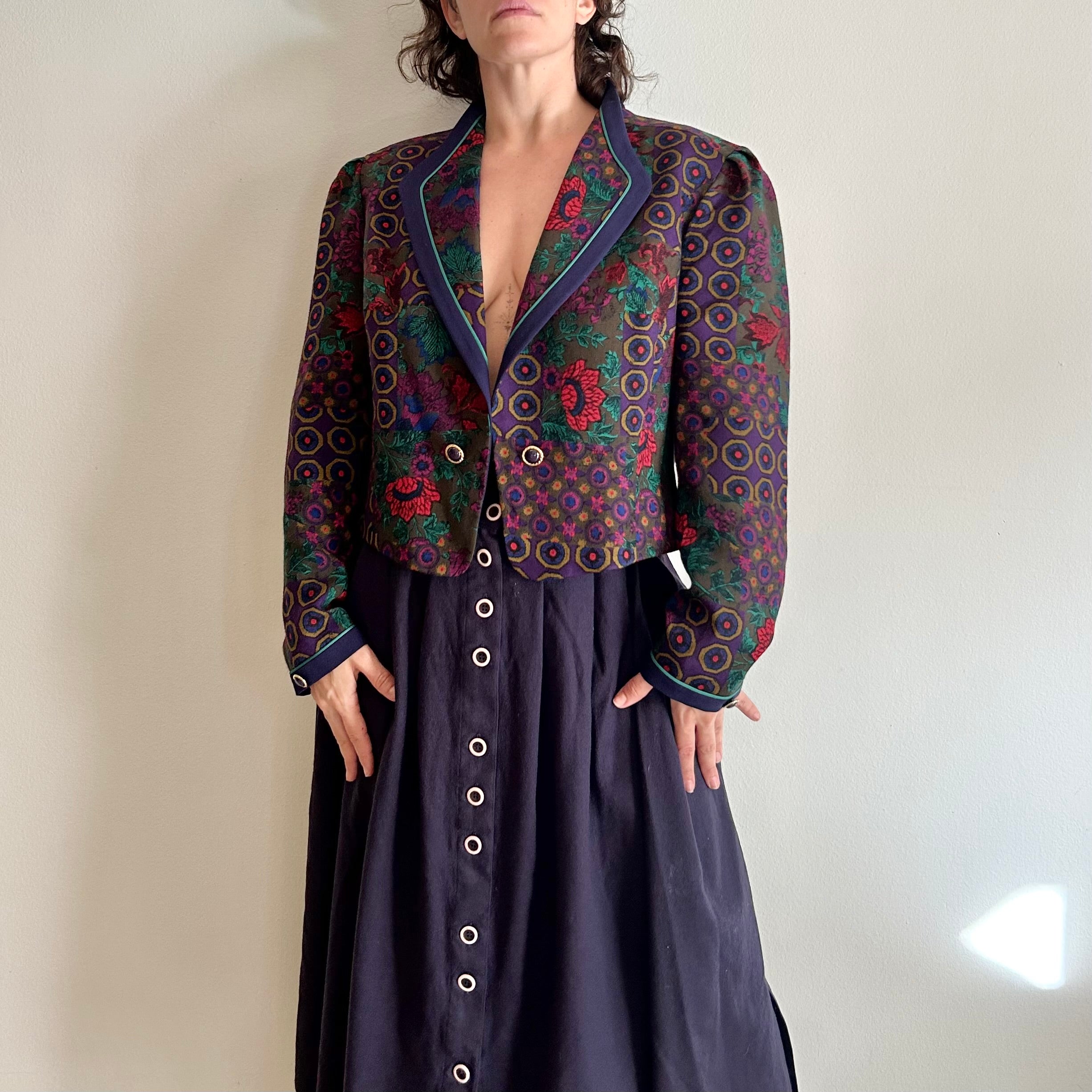 Vintage Maximalist Blazer – Dark Floral & Geometric Motif