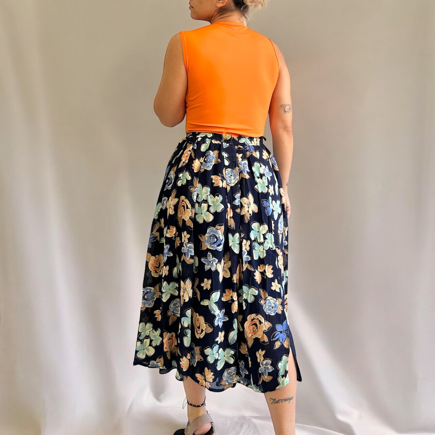 Vintage Pleated Floral Midi Skirt