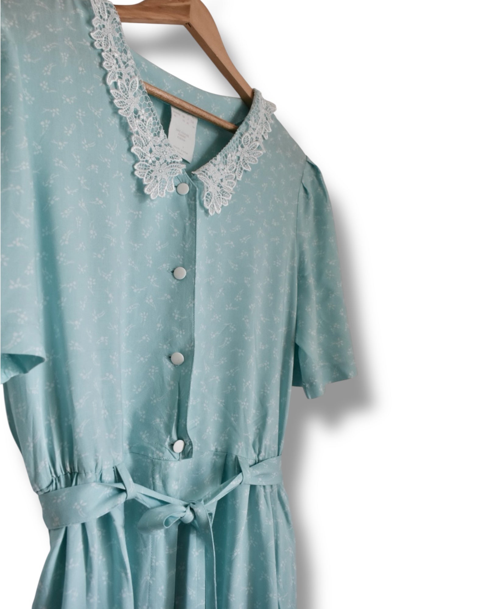 Vintage Aqua Green Viscose Jumpsuit with Lace Collar and Tiny White Floral Print
