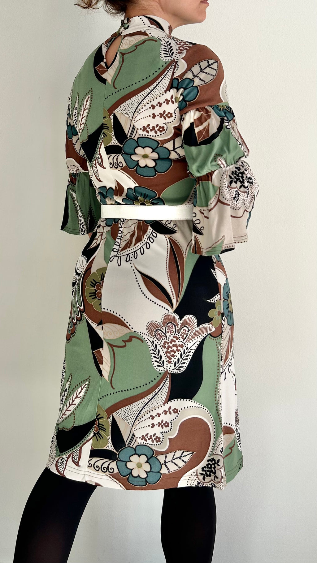 Y2K Dress – 100% Rayon – Green, Brown & White – 3/4 Sleeves