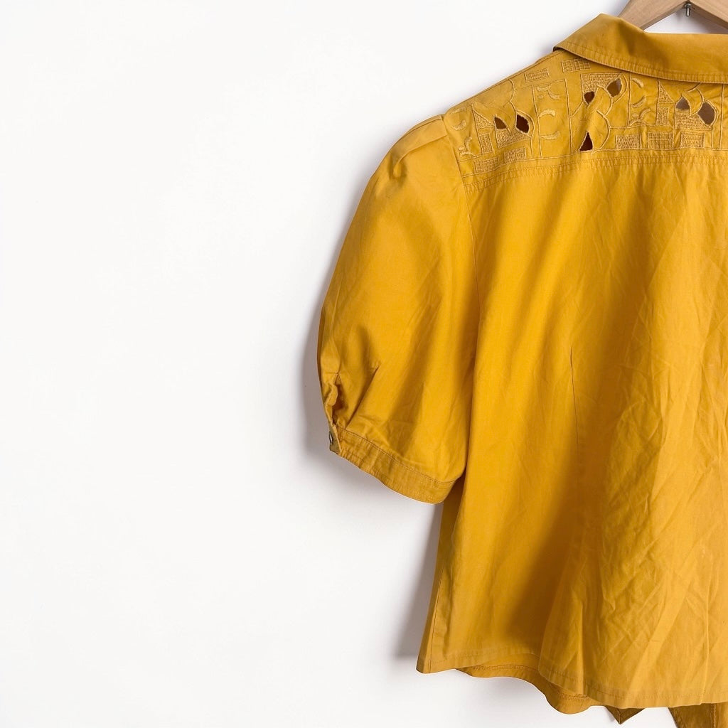 Vintage Mustard Puff-Sleeve Blouse