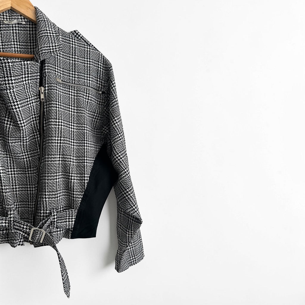 80s Houndstooth Plaid Moto Jacket • Padded Shoulders • Belted Waist