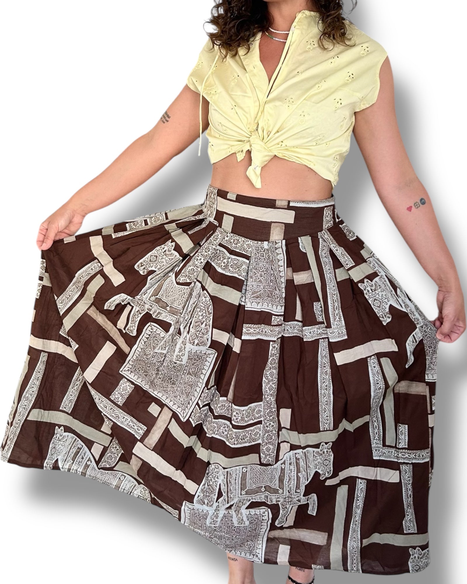 80s/90s Boho Midi Skirt – Brown Geometric & Horse Print