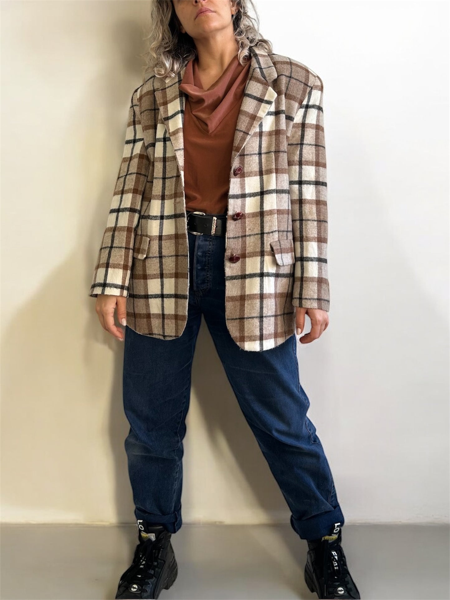 Vintage Plaid Wool Blazer with Shoulder Pads