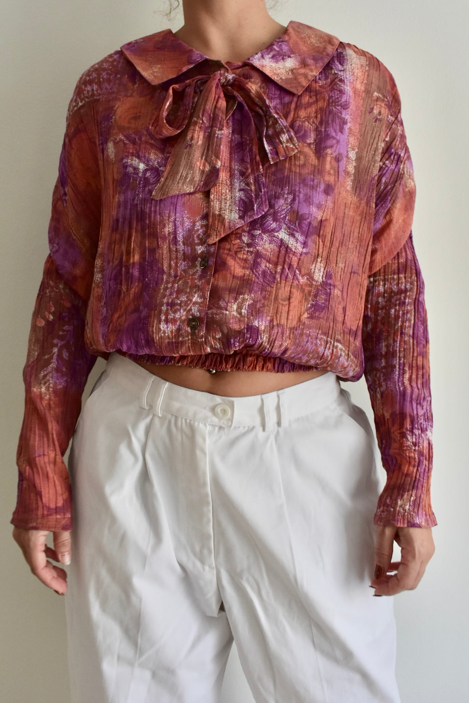Vintage Women’s Long-Sleeve Blouse in Earthy and Purple Tones
