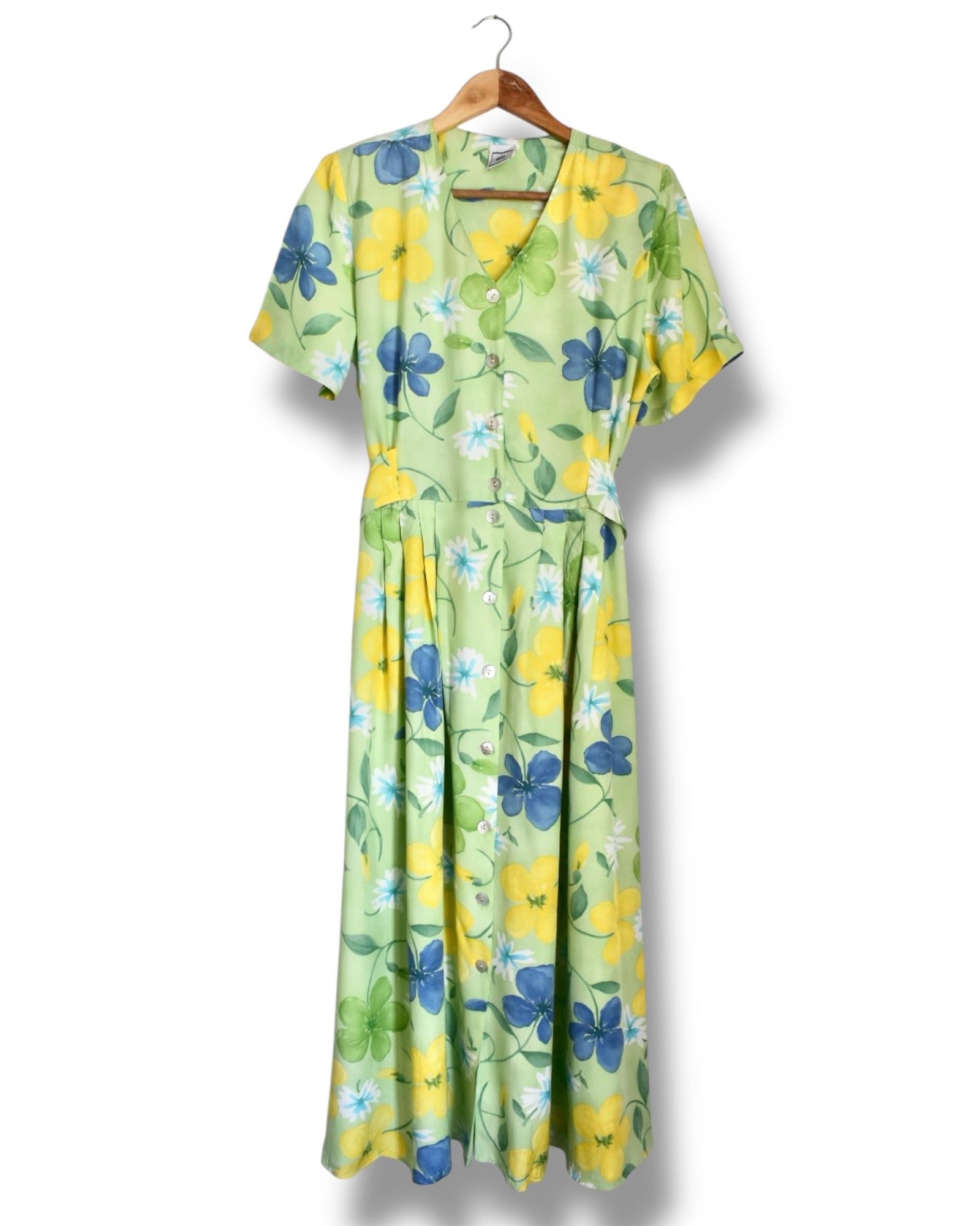 Vintage Pleated Long Dress – Light Green with Floral Print, Shoulder Pads