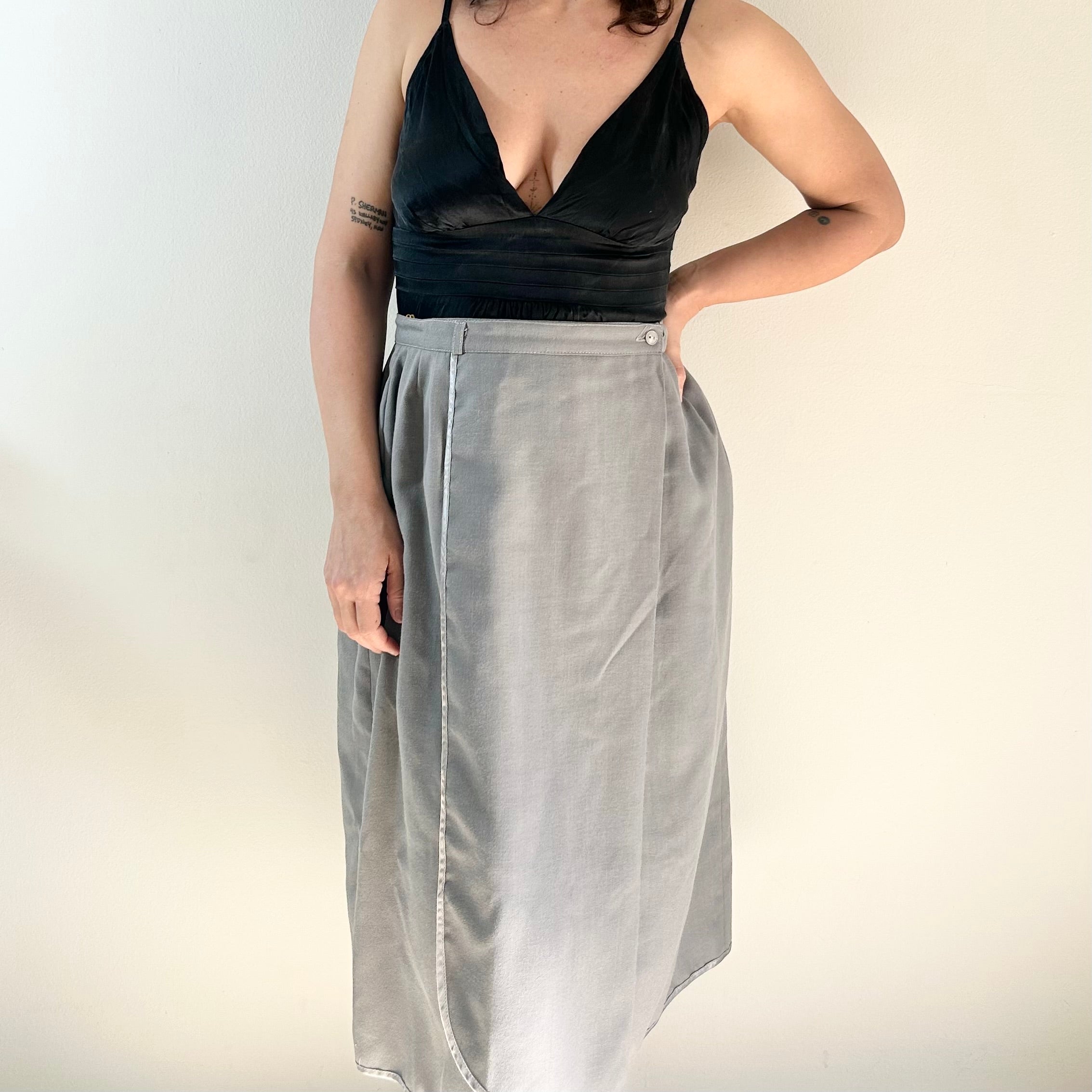 Vintage Slate Grey Wrap Midi Skirt