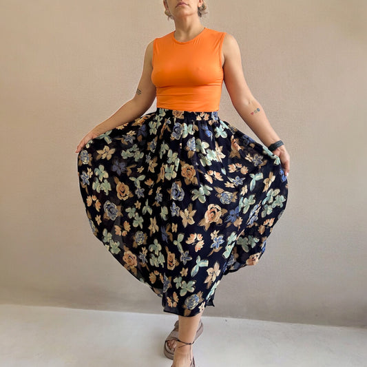 Vintage Pleated Floral Midi Skirt