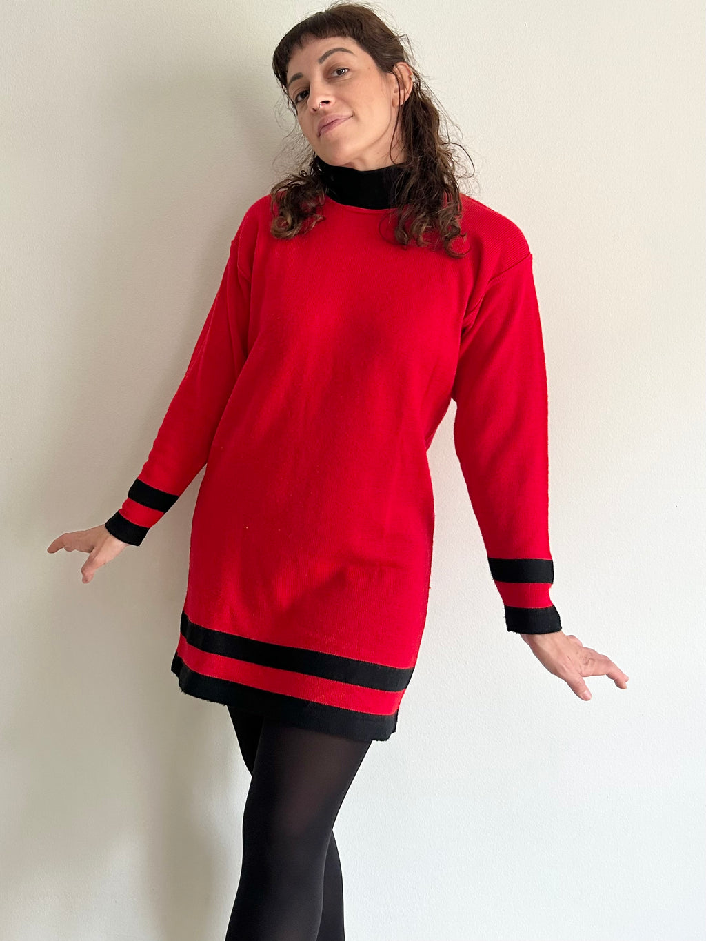 Vintage Red Knit Mini Dress with Black Details