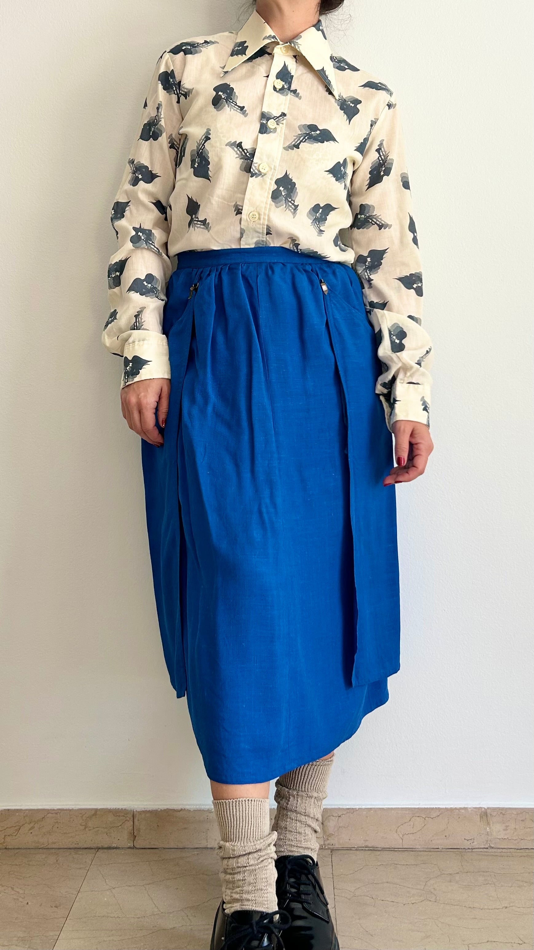 Vintage 1970s Royal Blue Linen Midi Skirt