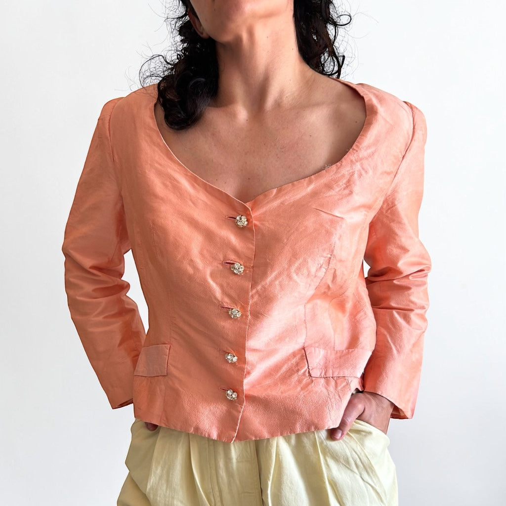 Vintage 80s Raw Silk Jacket with Rhinestone Buttons