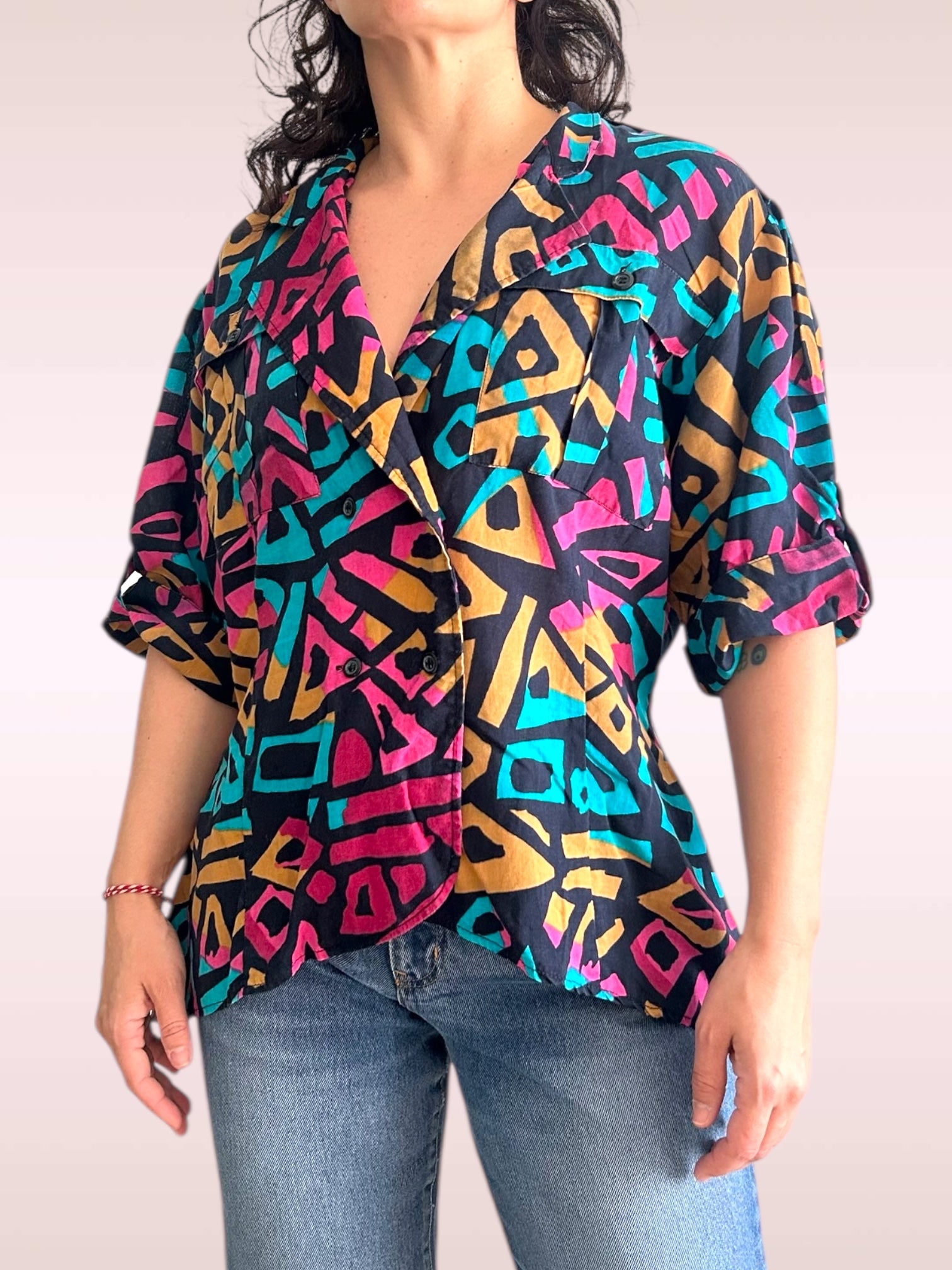 Vintage Geometric Peplum Safari Blouse