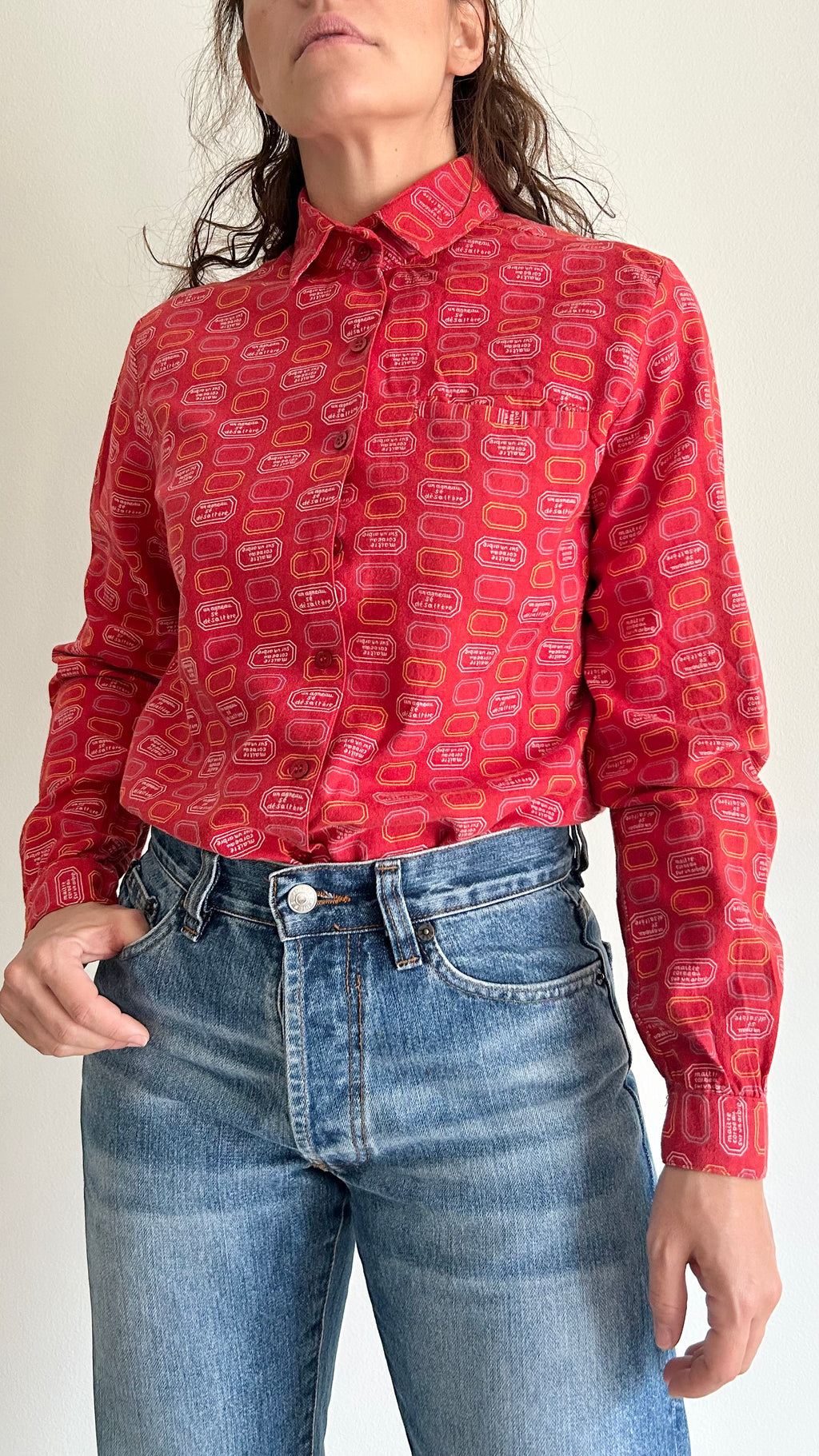 Vintage Red Flannel Shirt with Hexagonal Print
