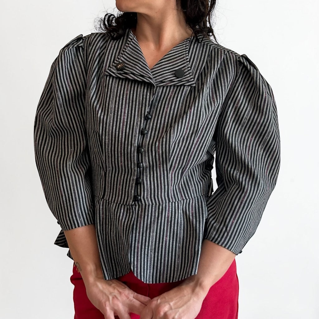 Vintage 80s Striped Peplum Blouse • Puff Sleeves • Metallic Sparkle