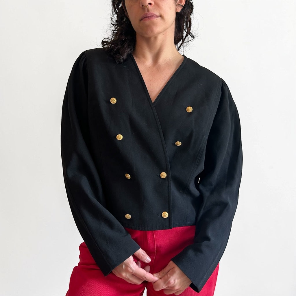 90s Cropped Black Blazer • Double-Breasted Gold Buttons