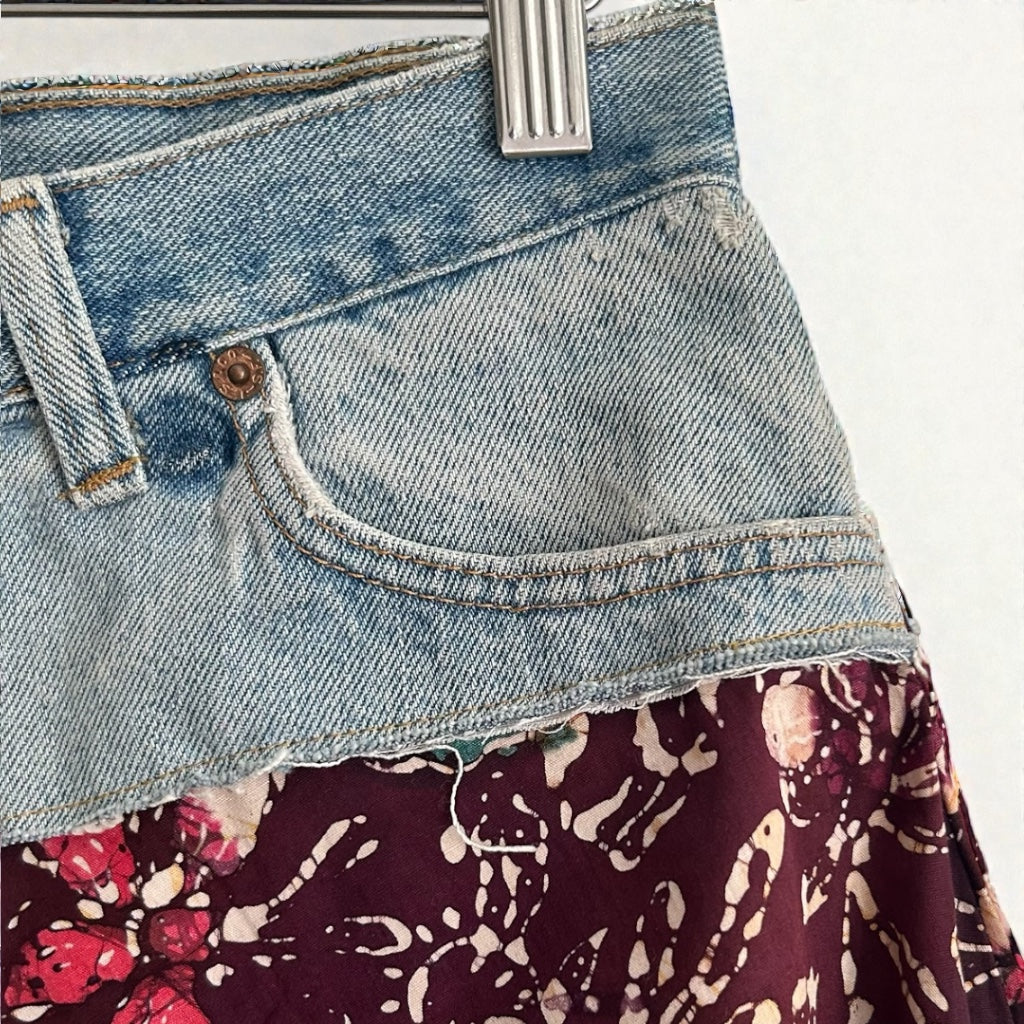 Vintage Y2K Denim & Batik Flare Skirt