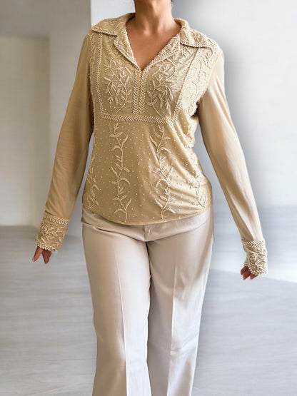 Vintage See Through Beaded Long Sleeve Shirt